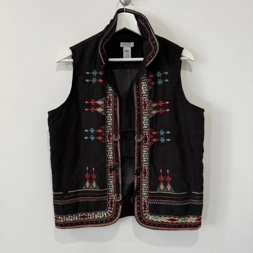 Graff Southwestern Style Black Vest with Colorful Embroidery Size M - Picture 1 of 17